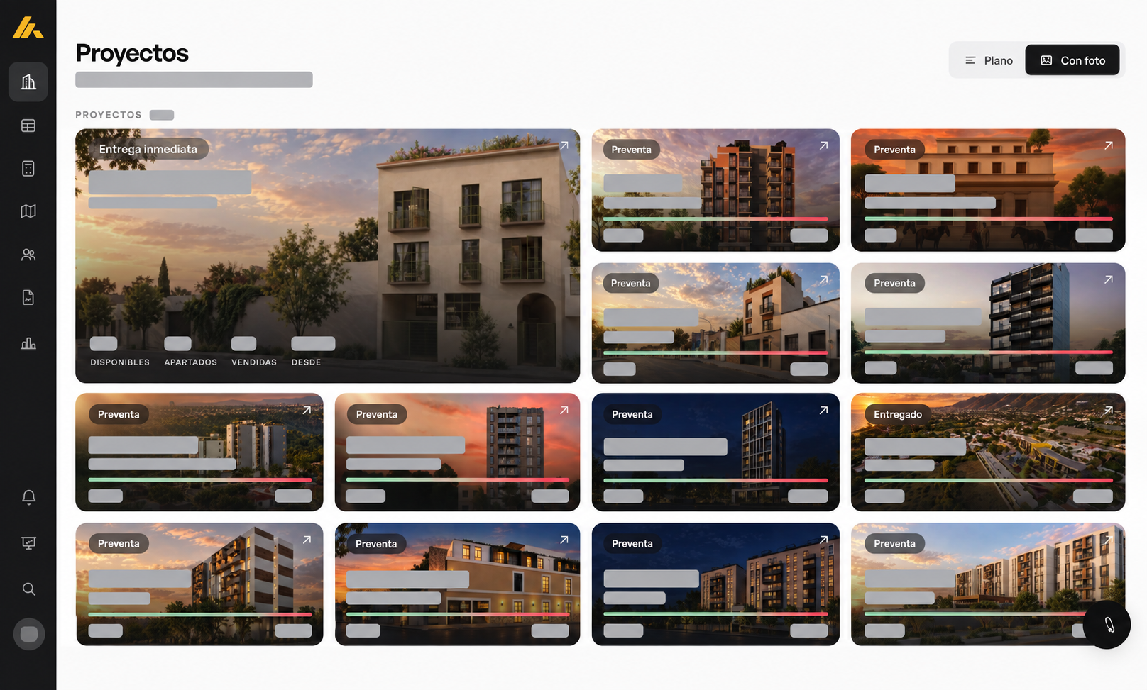 Regere platform projects dashboard with names and numerical data concealed